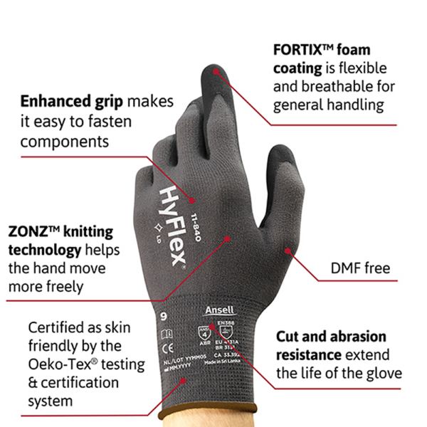 Ansell HyFlex 11-840 Foam Nitrile Grip & Abrasion-Resistant Gloves – Extra Grip