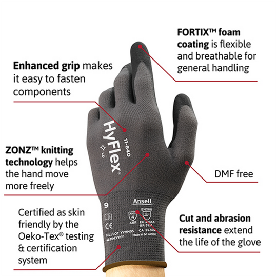 Ansell HyFlex 11-840 Foam Nitrile Grip & Abrasion-Resistant Gloves – Extra Grip